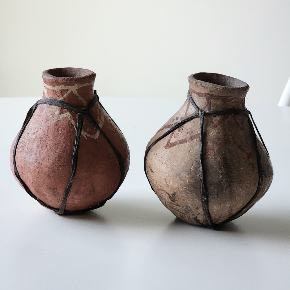 Tarahumara Raramuri Pottery Pots 2 Terracotta Rawhide 4" Vintage 1950s Water Jug
